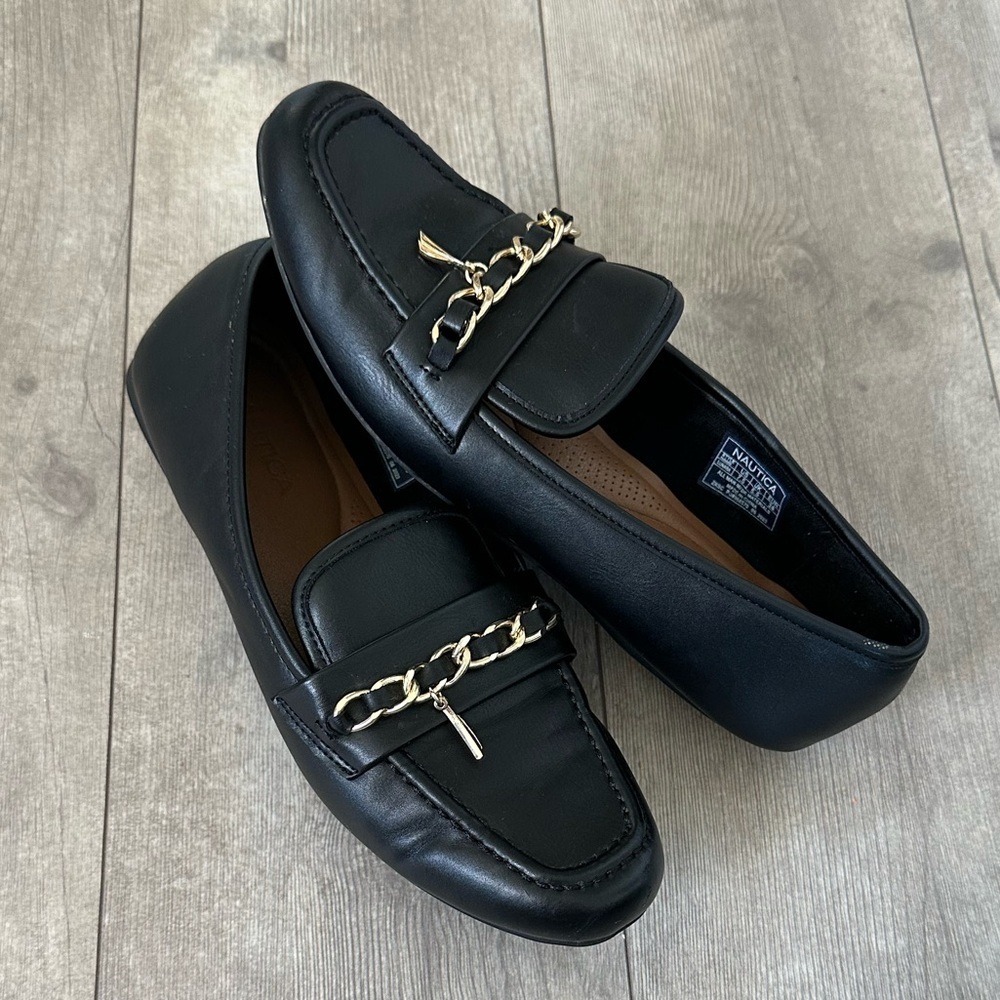 Nautica Women's Lunara Black Gold Chain Charm Comfort Loafers size 7.5